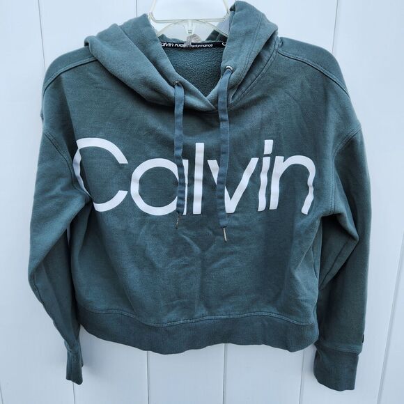 Calvin Klein Performance Womens Cropped Sweatshirt Hoodie Sz XS Green With Logo - Picture 1 of 4